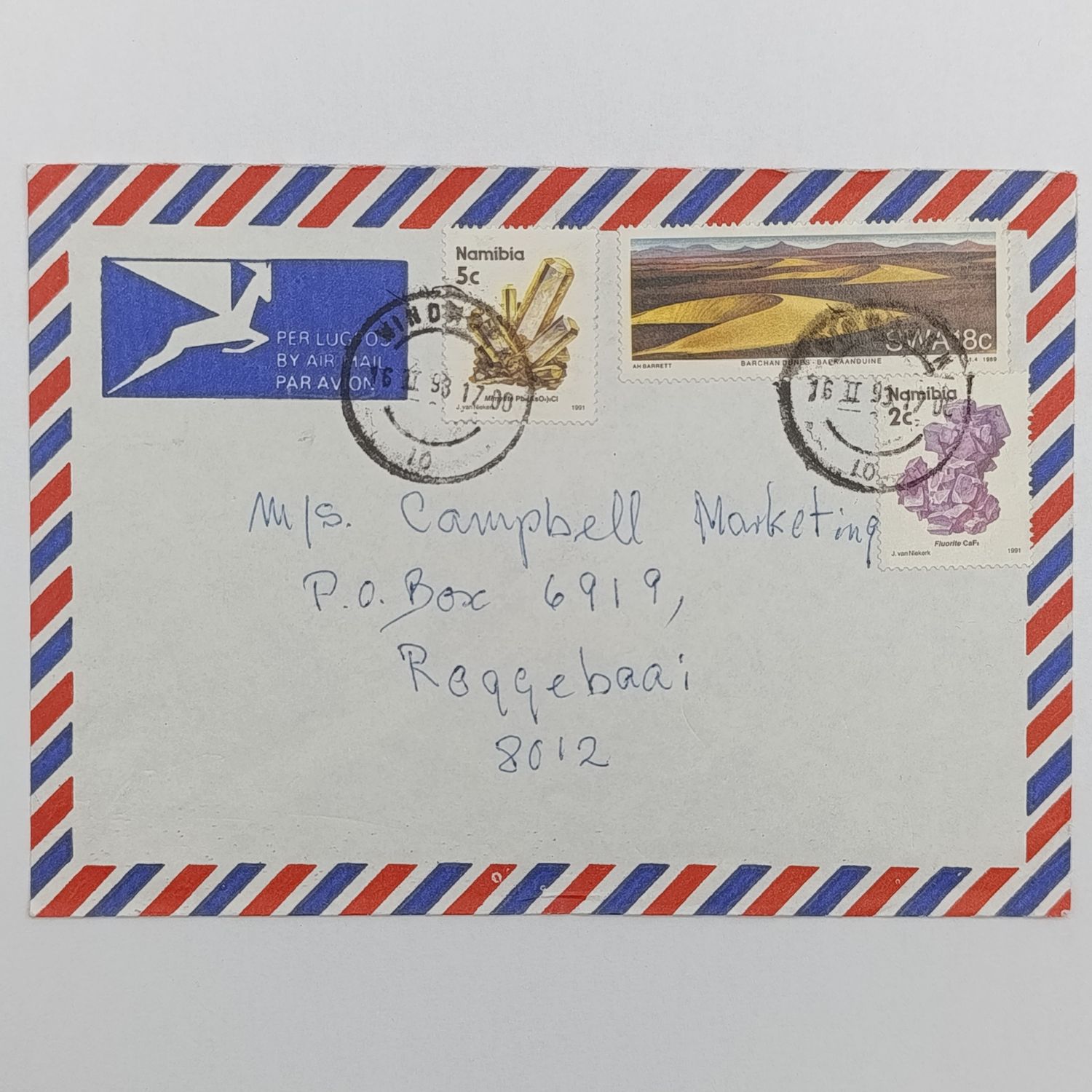 Postal History Namibia 19 February 1993 Airmail Cover Windhoek to Roggebaai with SWA and Namibian Stamps