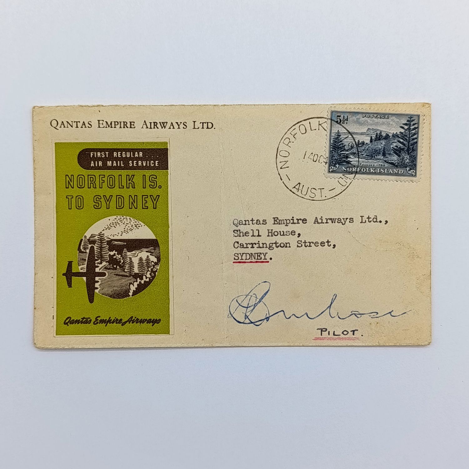 First Flight Cover Norfolk Island Australia 14 Oct 1947 signed by the pilot backstamped Sydney 15 Oct 1947