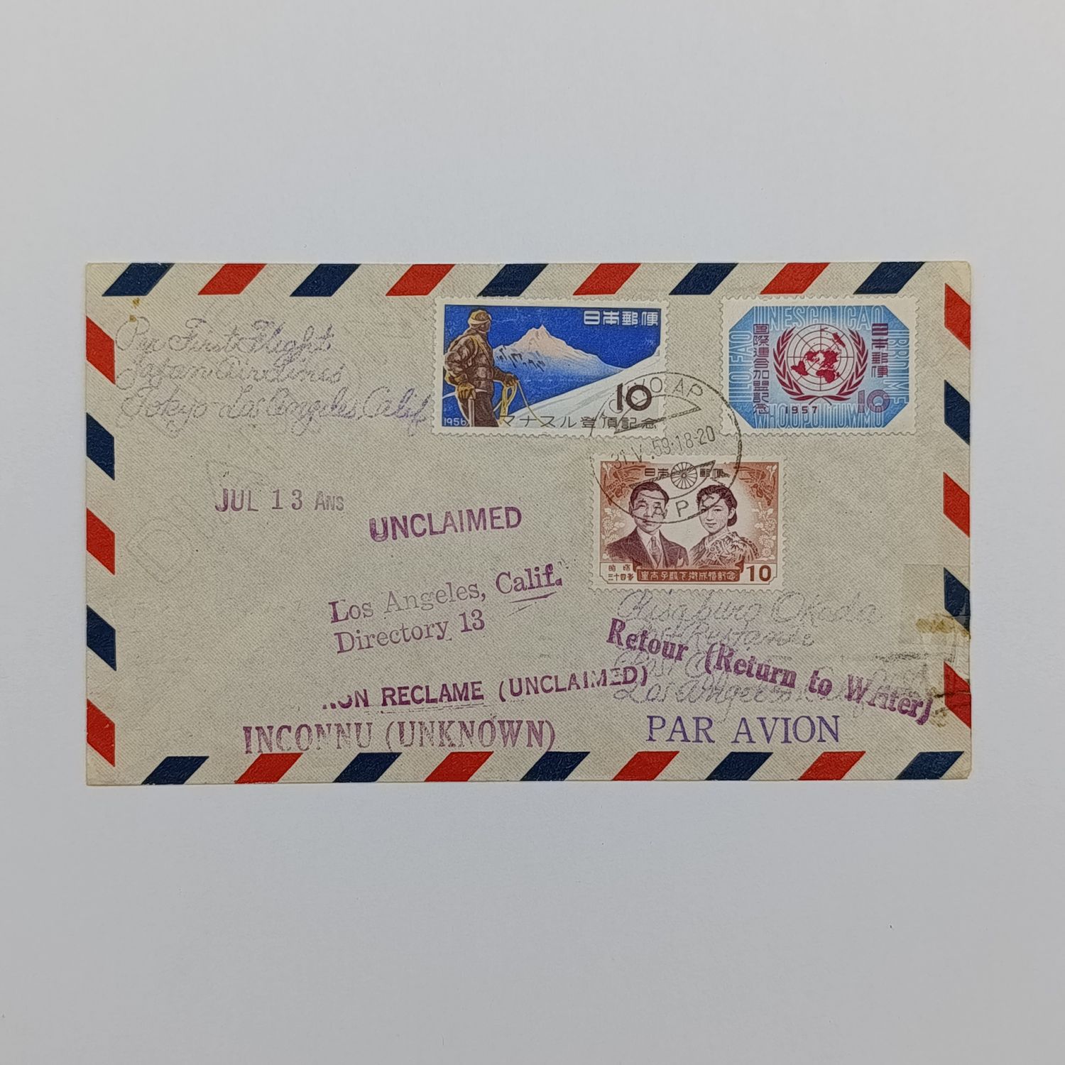 First flight cover Tokyo Japan to Los Angeles California 31 May 1959 with 3 Japanese stamps cancelled Tokyo and various unclaimed and  retour markings backstamped with various Los Angeles markings