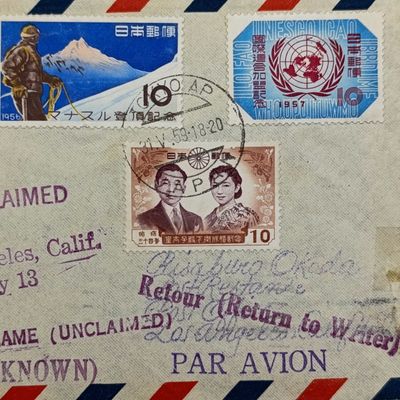 First flight cover Tokyo Japan to Los Angeles California 31 May 1959 with 3 Japanese stamps cancelled Tokyo and various unclaimed and retour markings backstamped with various Los Angeles markings