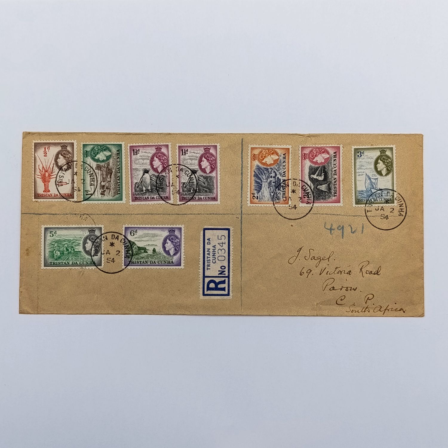 Tristan da Cunha 22 set with SF 14 to (no SG 20) on FDC of 2 Jan 1954