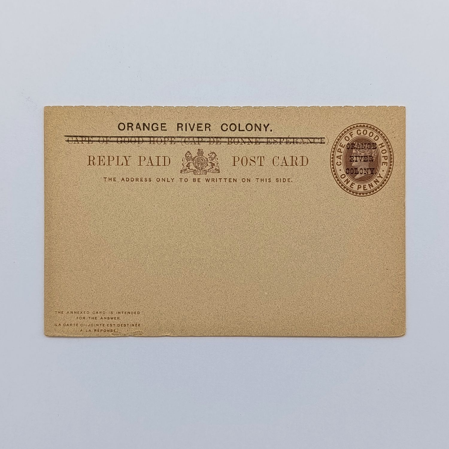 Reply Paid Cape of Good Hope Postcard (overprinted orange River Colony) Pair (with reply card) - pre printed Cape of Good Hope penny stamp overprinted Orange River colony - unused - rare