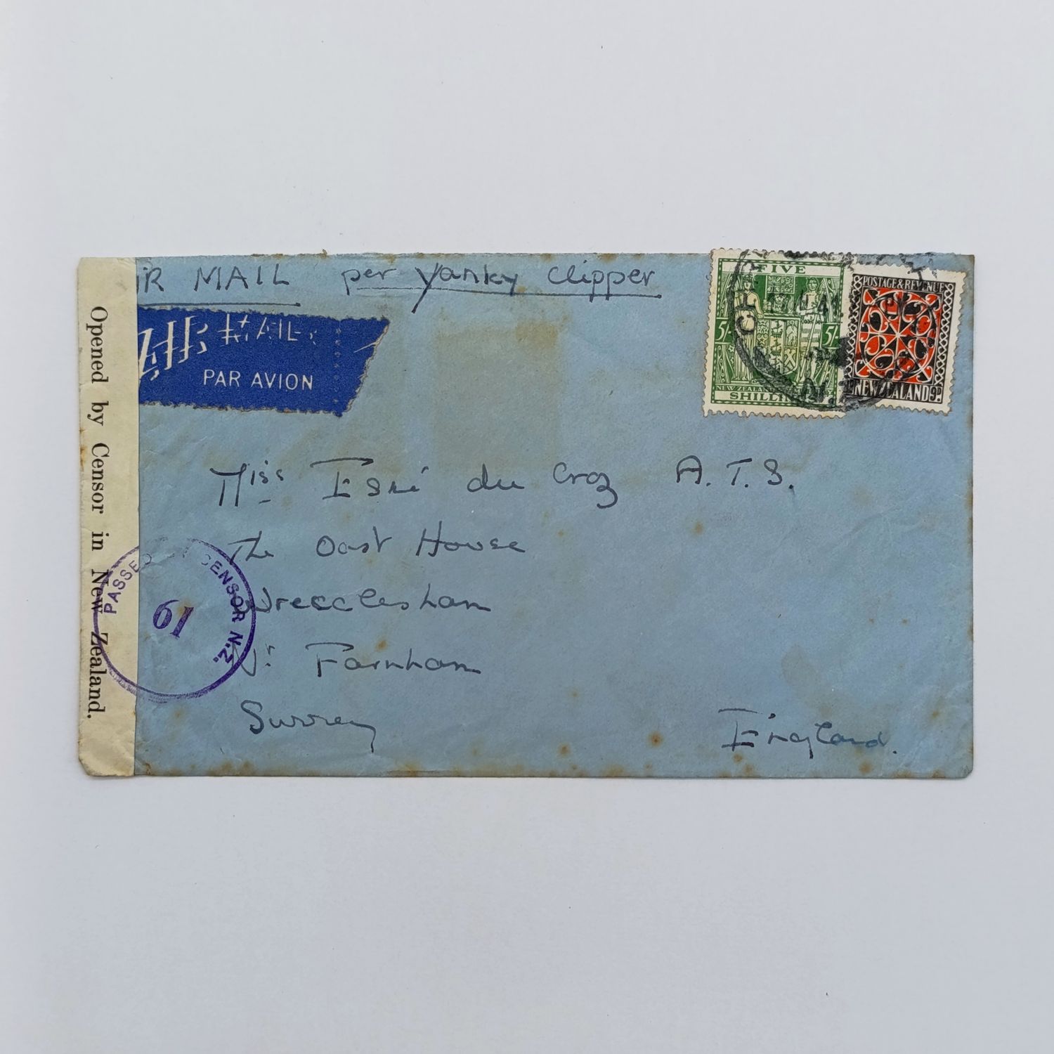 Air mail cover New Zealand to England - censor mark &amp; label - 5s &amp; 9d (wartime rate to England) stamps via USA per Yamhee clipper