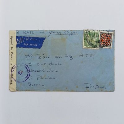 Air mail cover New Zealand to England - censor mark &amp; label - 5s &amp; 9d (wartime rate to England) stamps via USA per Yamhee clipper