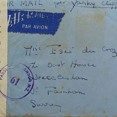 Air mail cover New Zealand to England - censor mark &amp; label - 5s &amp; 9d (wartime rate to England) stamps via USA per Yamhee clipper