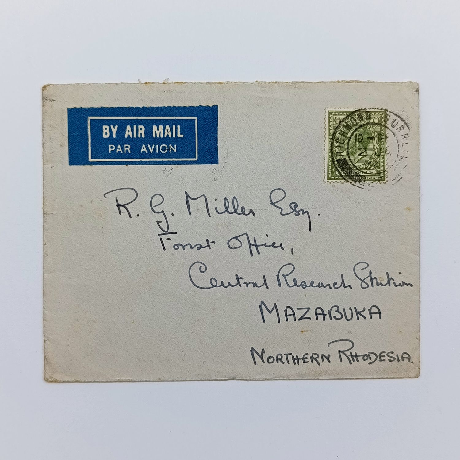 Airmail cover Richmond Surrey to Mazabuka Northern Rhodesia 2 Jan 1934 via Broken Hill with blue airmail label