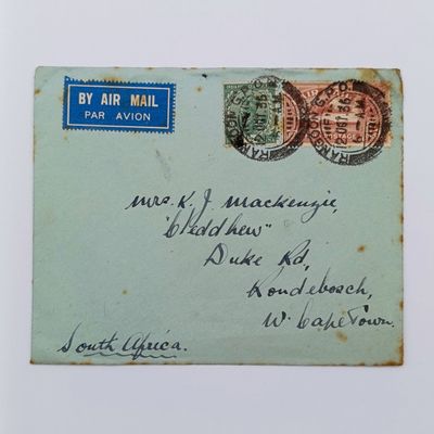 Airmail Cover Rangoon Burma to Rondebosch South Africa with 2 India stamps cancelled 2 Oct 1936 and blue airmail label