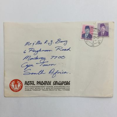 Postal cover from Indonesia to Mowbray, South Africa on Hotel Phoenix Singapore stationery - 2 Indonesia stamps cancelled Jongso, Indonesia 6 September 1982