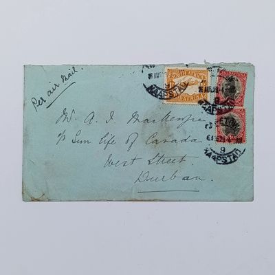 Airmail cover 26/8/1929 Cape Town to Durban with 3 South Africa stamps