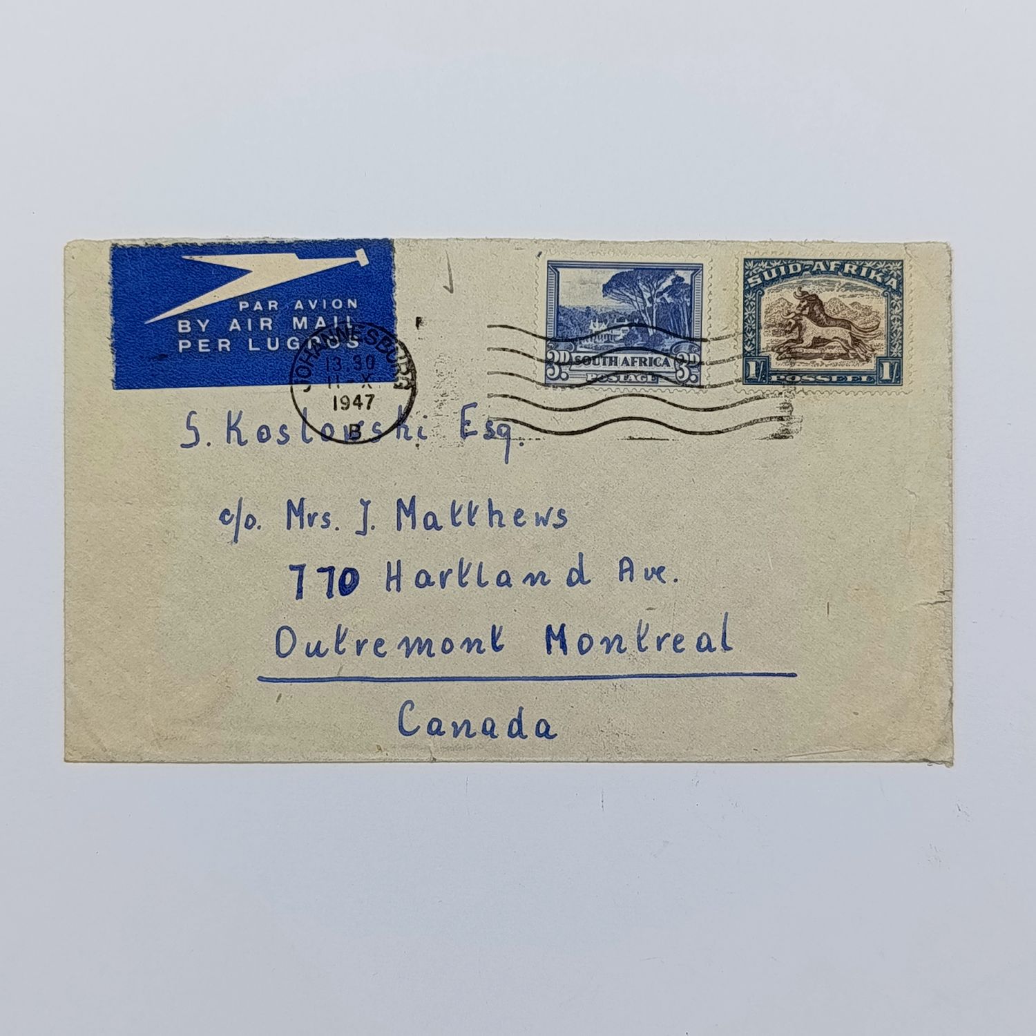 Airmail cover Johannesburg South Africa to Montreal Canada 11 Oct 1947 with 2x South Africa stamps and blue airmail label