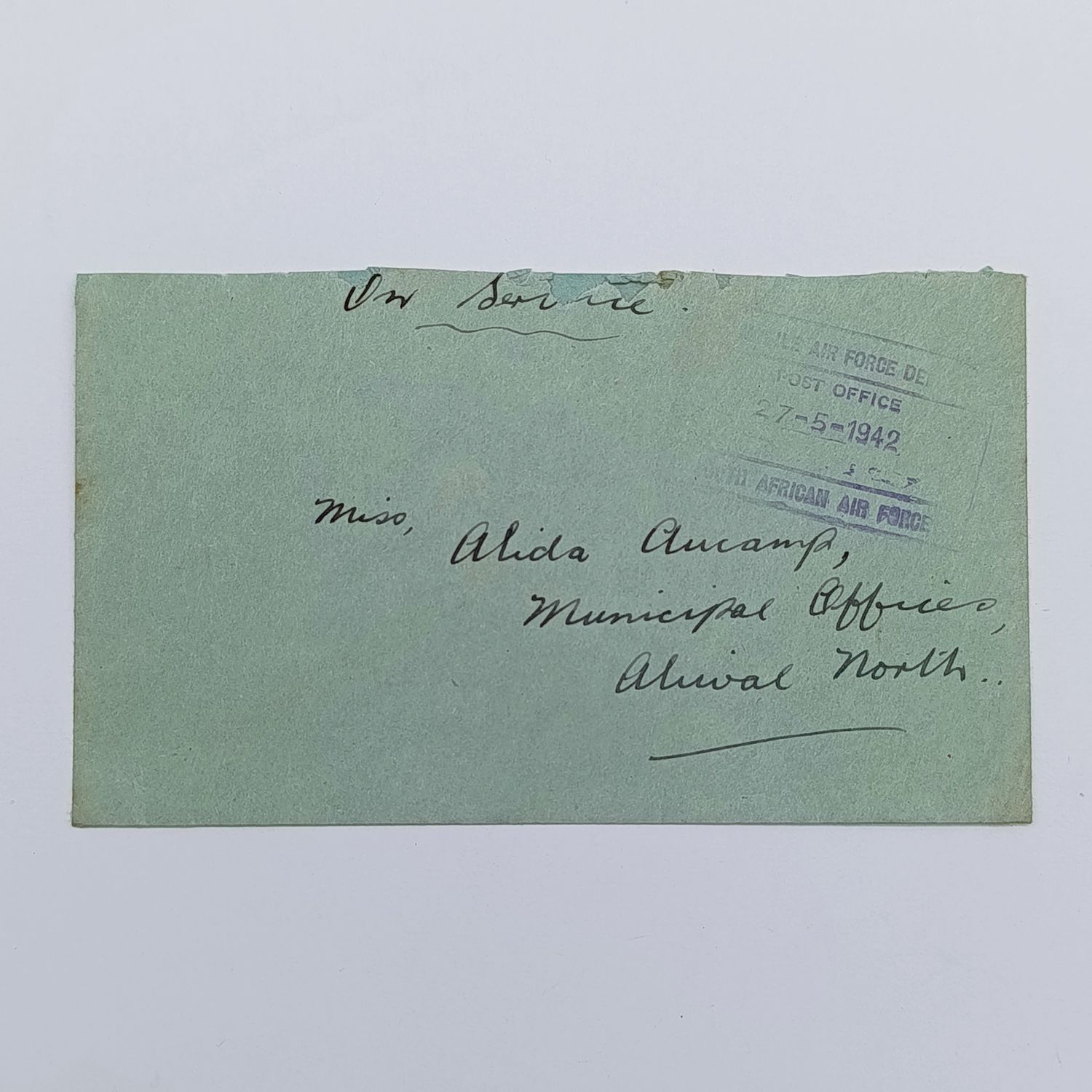 On service WW2 letter cover Mobile Air Force Dept P.O on SAAF envelope to Aliwal North