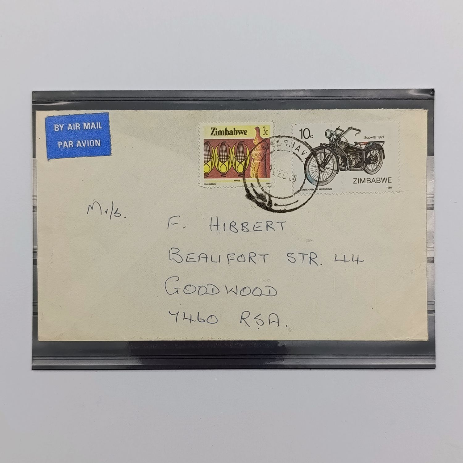 2006 Cover Mashaua Zimbabwe to Goodwood South Africa with pair of Zimbabwe stamps and airmail tag