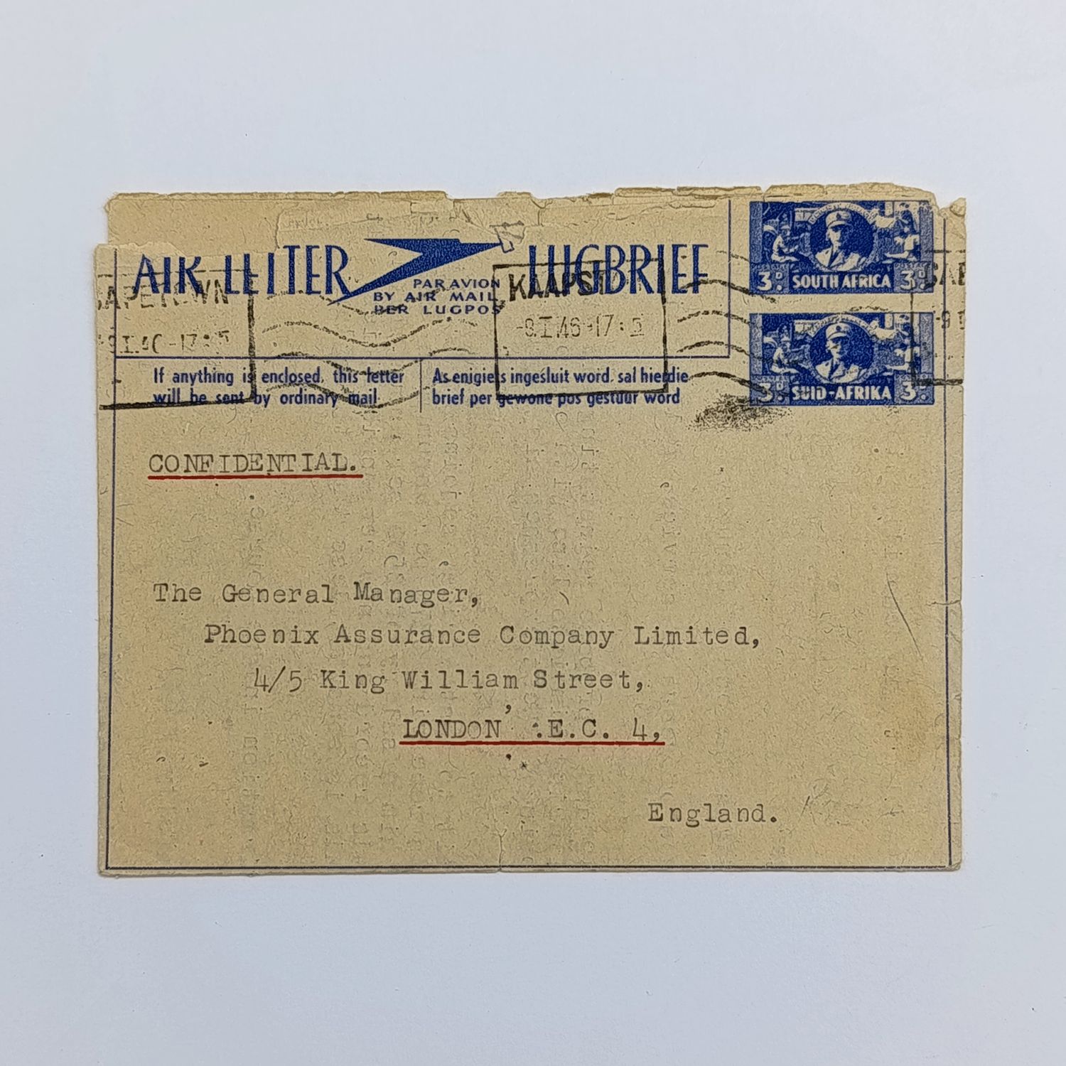 WW2 Air letter used 9 Jan 1946 Cape Town to London with 2 pre-printed 3d stamps