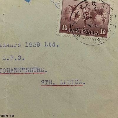 Censor Airmail cover from Sydney Australia to Johannesburg South Africa 7 March 1941 with Australia stamp and G.P.O Sydney cancellation also Passed by Censor 625 cachet and blue Airmail label