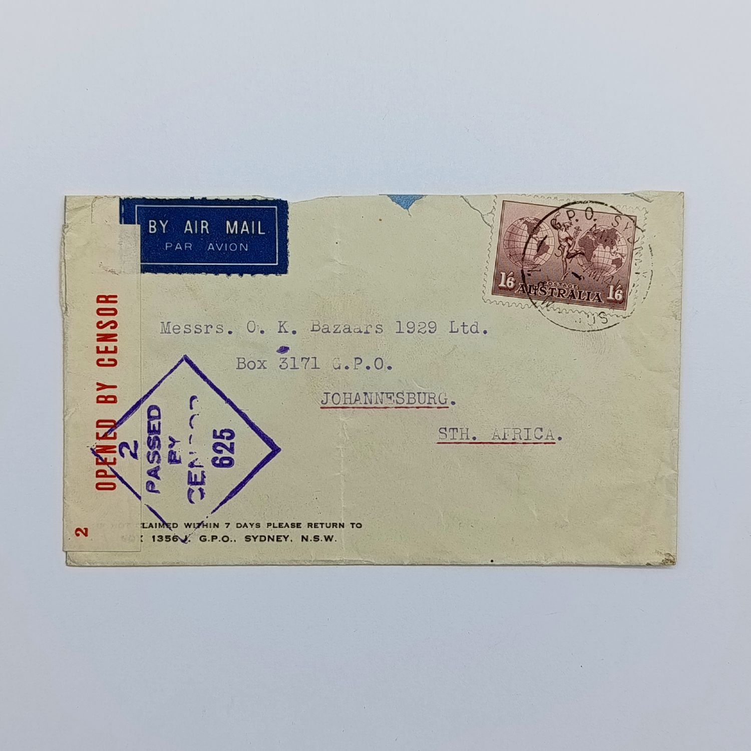 Censor Airmail cover from Sydney Australia to Johannesburg South Africa 7 March 1941 with Australia stamp and G.P.O Sydney cancellation also Passed by Censor 625 cachet and blue Airmail label