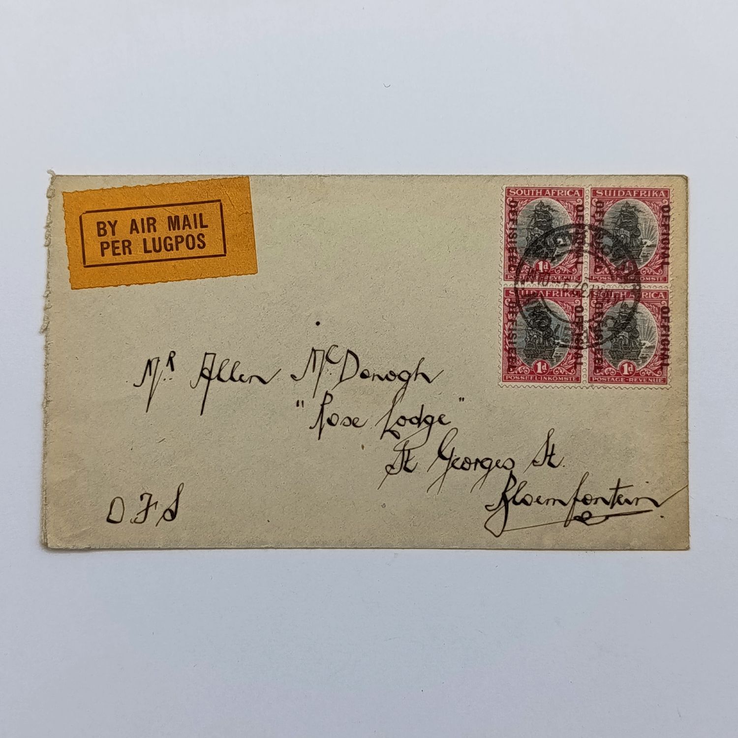 Airmail Cover Cape Town South Africa to Bloemfontein South Africa with block of 4 official stamps cancelled 14 May 29 Cape Town &amp; orange airmail label backstamped Bloemfontein 16 May 32