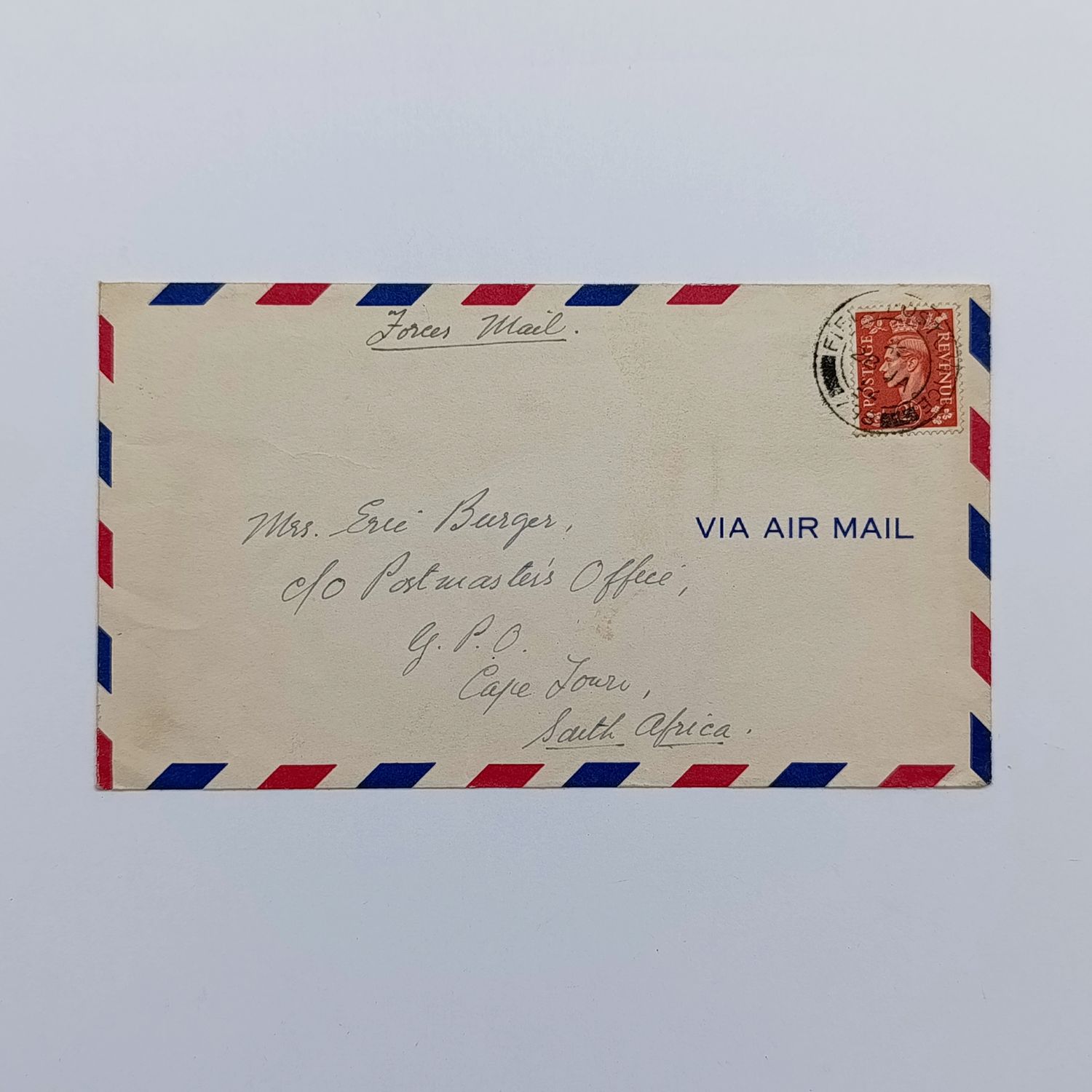 Airmail cover Field Post Office 798 - Forces mail of SAAF in Korea to Cape Town South Africa 28 Jan 1952 with British 2 1/2 stamp sent by Flight segeant CER Burgen of no 2 Squadron  SAAF