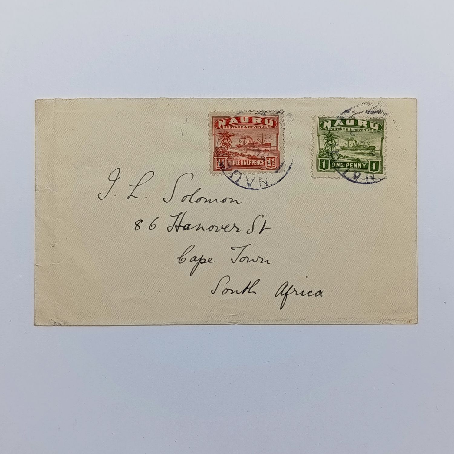 Postal History Postal cover from NAURU to Cape Town - (South Pacific Island) with 2 NAURU stamps 20 May 1932 NAURU cancellation