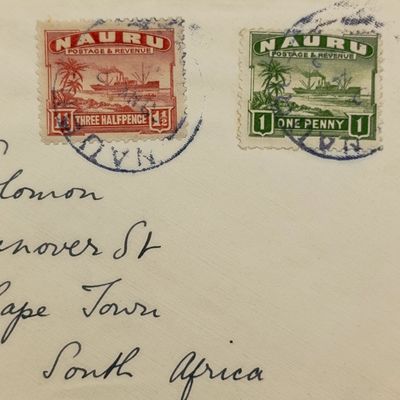 Postal History Postal cover from NAURU to Cape Town - (South Pacific Island) with 2 NAURU stamps 20 May 1932 NAURU cancellation