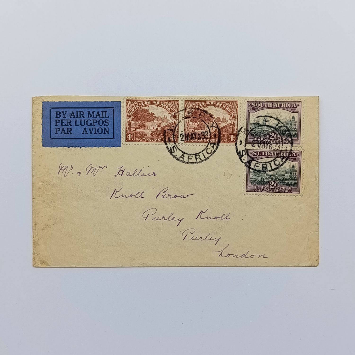 Airmail cover Kalk Bay South Africa to London England with 1st Roto Issue 4d pair and 2x 2d South Africa stamps - also blue airmail label