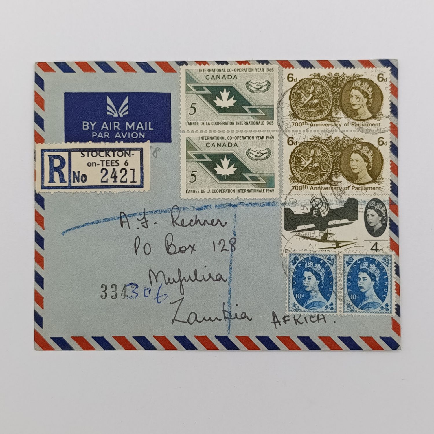 Registered airmail cover Canada to Zambia 1966 backstamped Mufulira &amp; Ndola with 7 Canadian stamps