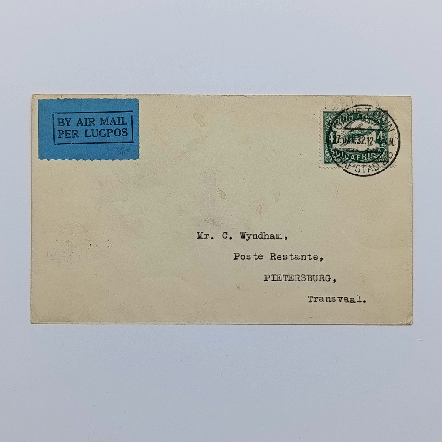 Airmail Cover Cape Town to Pietersburg South Africa with blue airmail label &amp; 4d stamp cancelled 27 Jan 1932 Cape Town backstamped Pietersburg 28 Jan 32