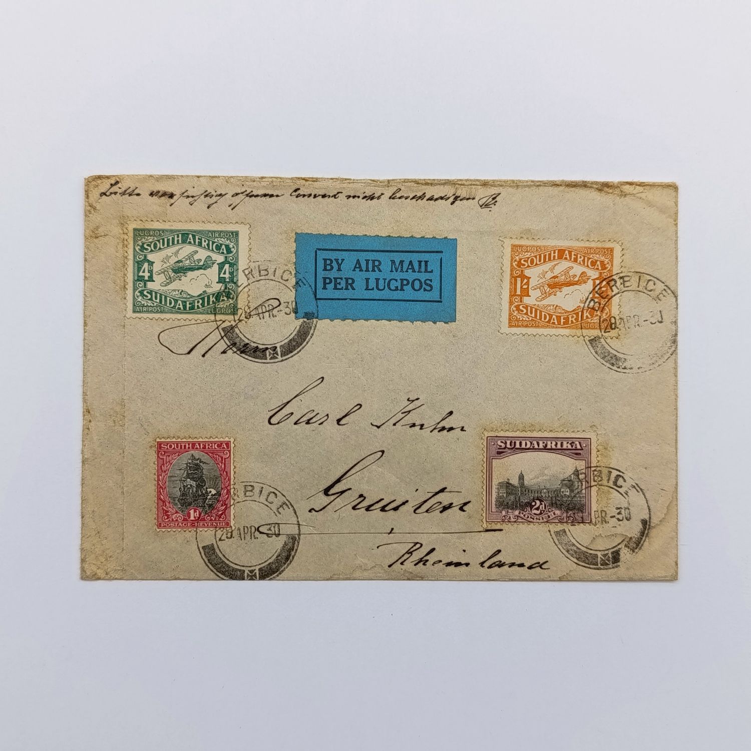 Airmail cover Berbice (near Piet Retief) to Rheinland Germany with 4x South Africa stamps cancelled 28-Apr-30 and blue airmail label