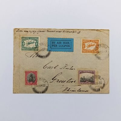 Airmail cover Berbice (near Piet Retief) to Rheinland Germany with 4x South Africa stamps cancelled 28-Apr-30 and blue airmail label