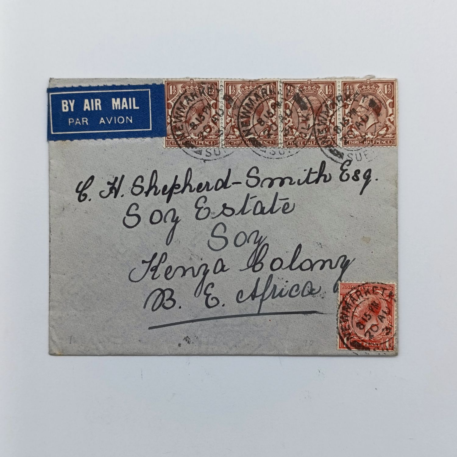 Airmail Cover Newmarket Suffolk 20 Aug 1931 to Kenya Colony British East Africa with blue airmail label backstamped Soy Kenya 2 Sept 1931 &amp; Eldonet Kenya 1 Sep 1931