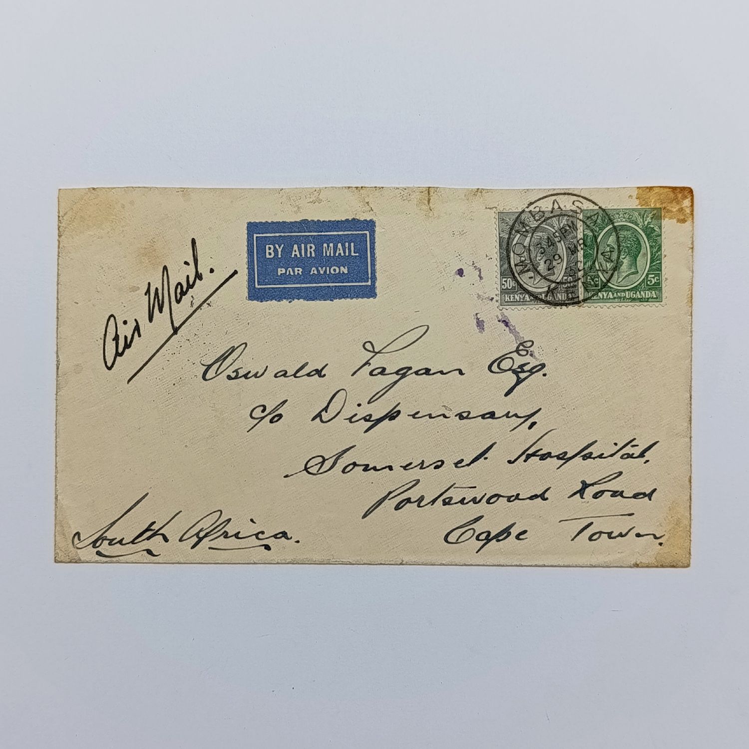 Airmail cover Mombasa Kenya to Nairobi Kenya to Cape Town - with 2 Kenya stamps cancelled 29 March 1932 with blue airmail label backstamped Nairobi backstamped Nairobi 30 March 1932 and Cape Town
