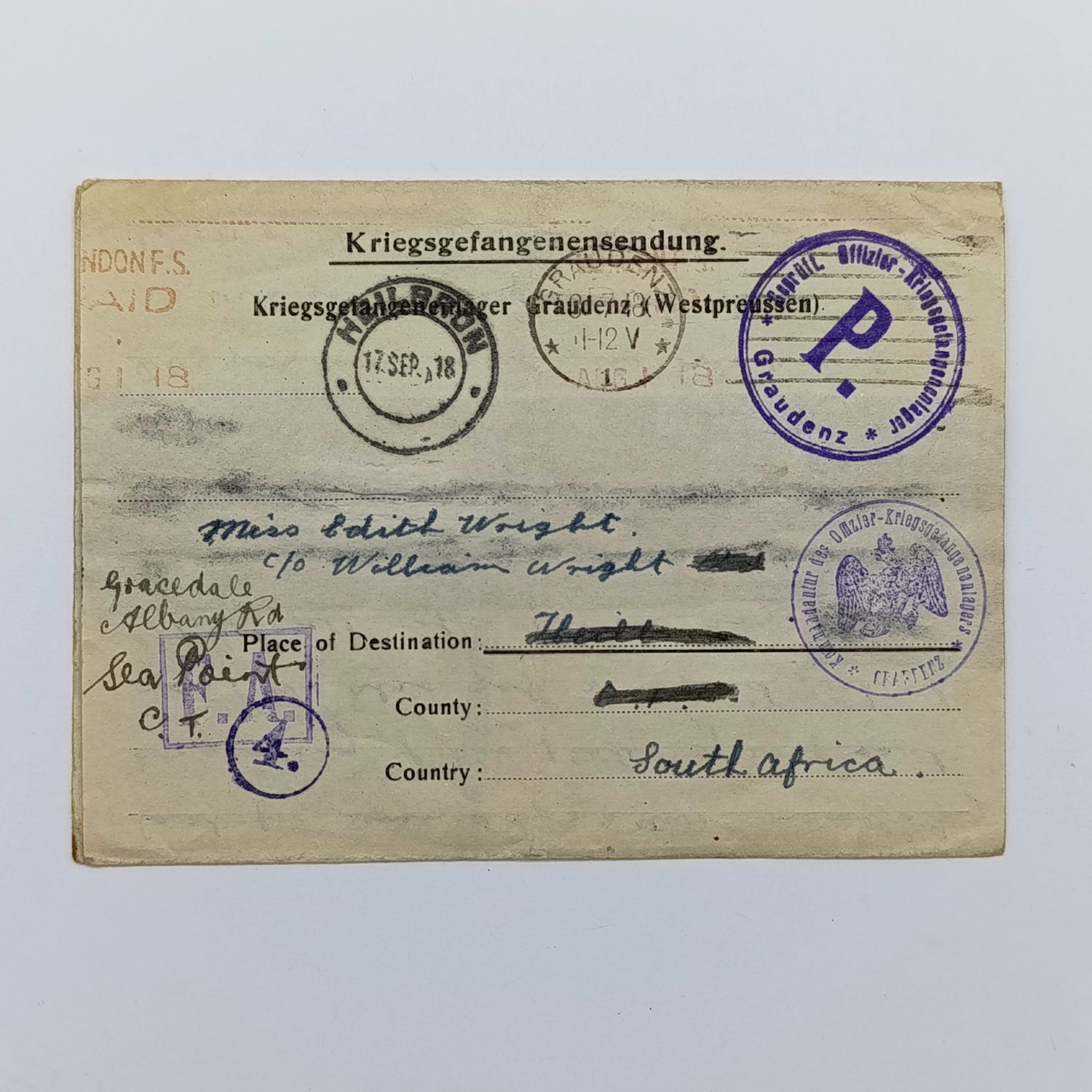 Prisoner of War letter from Graudenz Poland to Heilbron, South Africa with various prison - camp markings and rerouted to Sea Point - dark censor marks on letter opened by Censor stocker