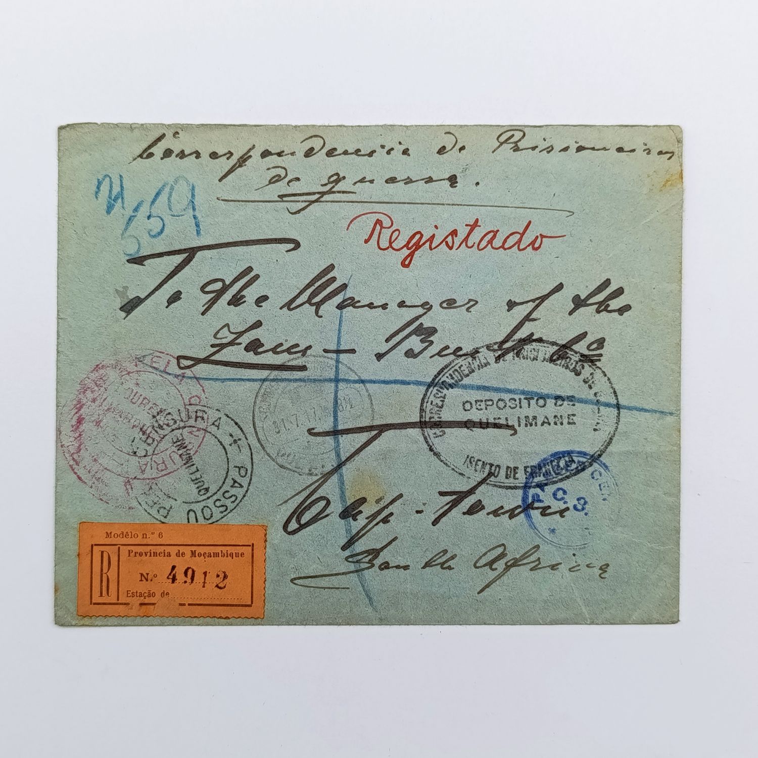 German P.O.W cover - G.E.A - captured and interned in Quelimane - sent free and registered after apprication of CORR P.O.W Quelimane - via Lourenco Marques - various censor strikes - 31/7/1917