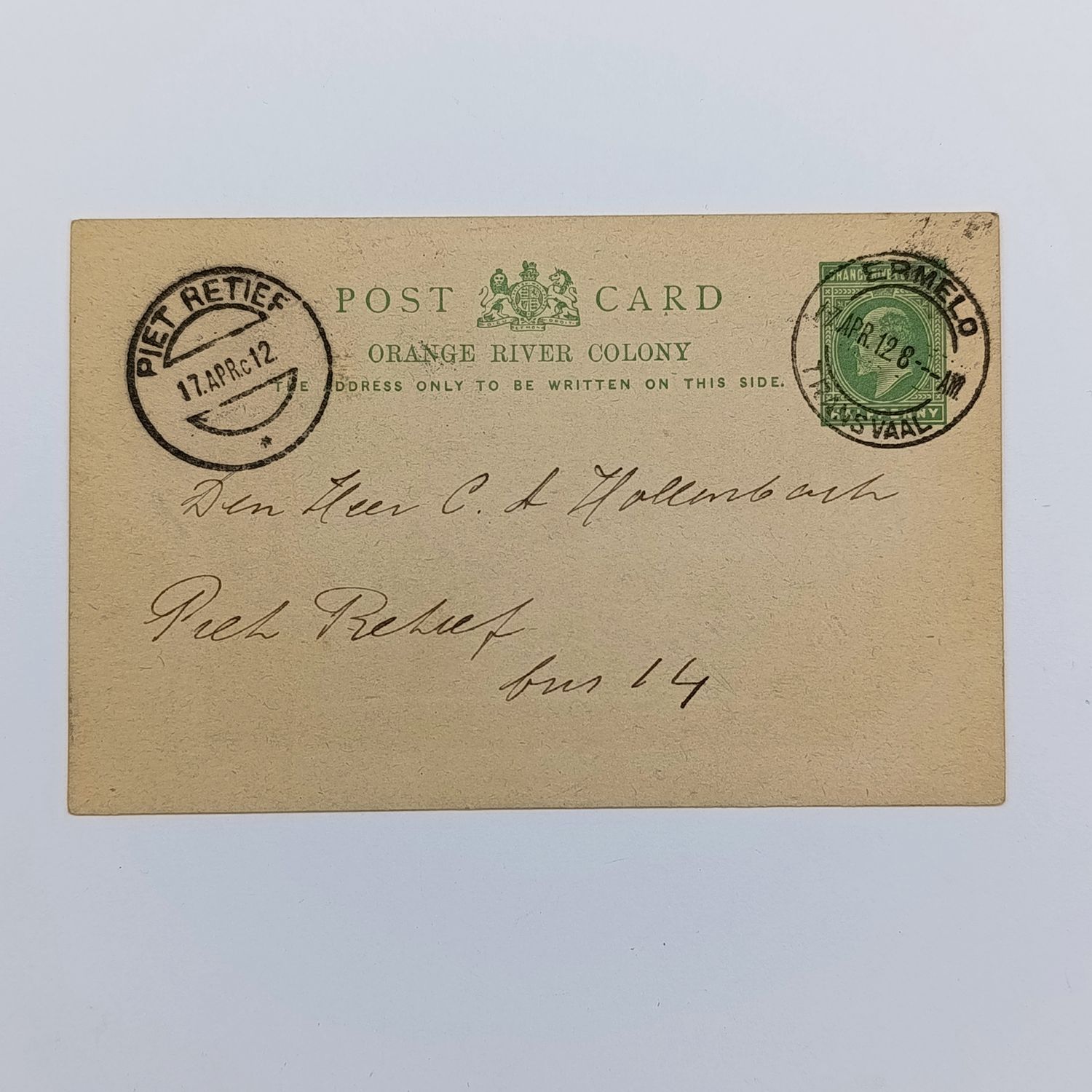 From Ermelo - Transvaal to Piet Retief - Transvaal 17 April 1912 on Orange river Colony preprinted postcard with half penny preprinted orange river Colony stamp