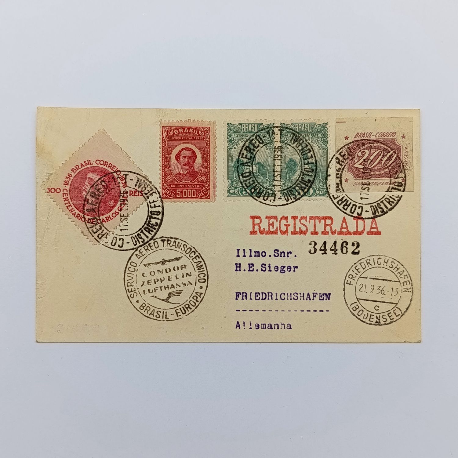 Registered airmail Condor Zeppelin flown card Brazil to Europe 5x Brazil stamps cancelled 17 Sept 1936 - Destination Bodensee cancellation on front 21-Sept 1936