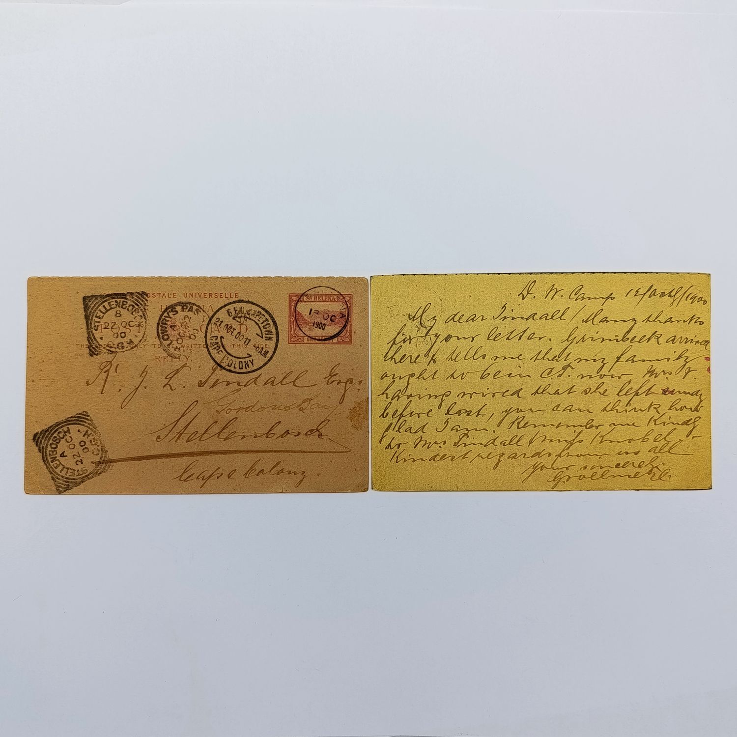 Pow Boer War postcard October 1900 from Deadwood Camp St Helena to Stellenbosch South Africa rerouted to Gordon's Bay (Sir Lowry's Pass) to RJL Tindall from Grollmehl Not censored