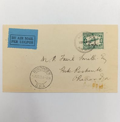 Air Mail cover First flight Windhoek to Okahandja 1 August 1931 with SACC 99 stamp cancelled with Windhoek cancellation - also blue Airmail label and backstamped 1 August 1931 Okahandja
