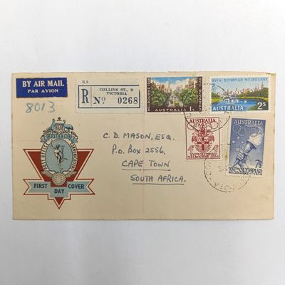 Registered Airmail First day cover from Victoria Australia to Cape Town South Africa 31 October 1956 with four Australian stamps cancelled with two collins str Victoria cancellations