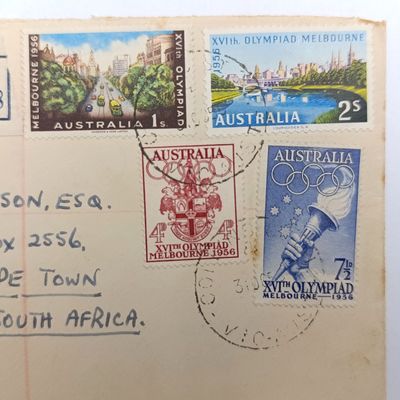Registered Airmail First day cover from Victoria Australia to Cape Town South Africa 31 October 1956 with four Australian stamps cancelled with two collins str Victoria cancellations