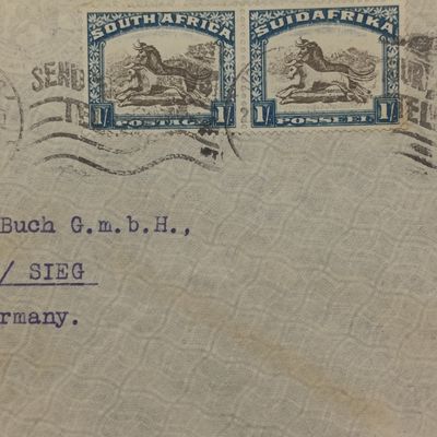 Airmail cover First Flight Johannesburg to SIEG Germany with SACC 49 pair used and blue airmail label 22 Jan 1938 cancel &backstamped Taeuber & Covssen (pty) Ltd