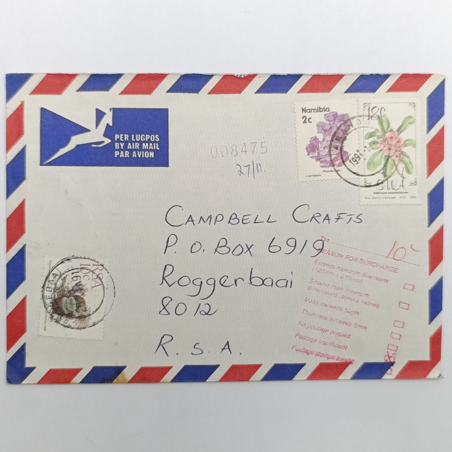 Postal History Namibia 15 November 1991 numbered Airmail cover ARANOS Namibia to Roggebaai RSA with SWA and Namibia stamps and 10 cent RSA postage insufficient surcharge