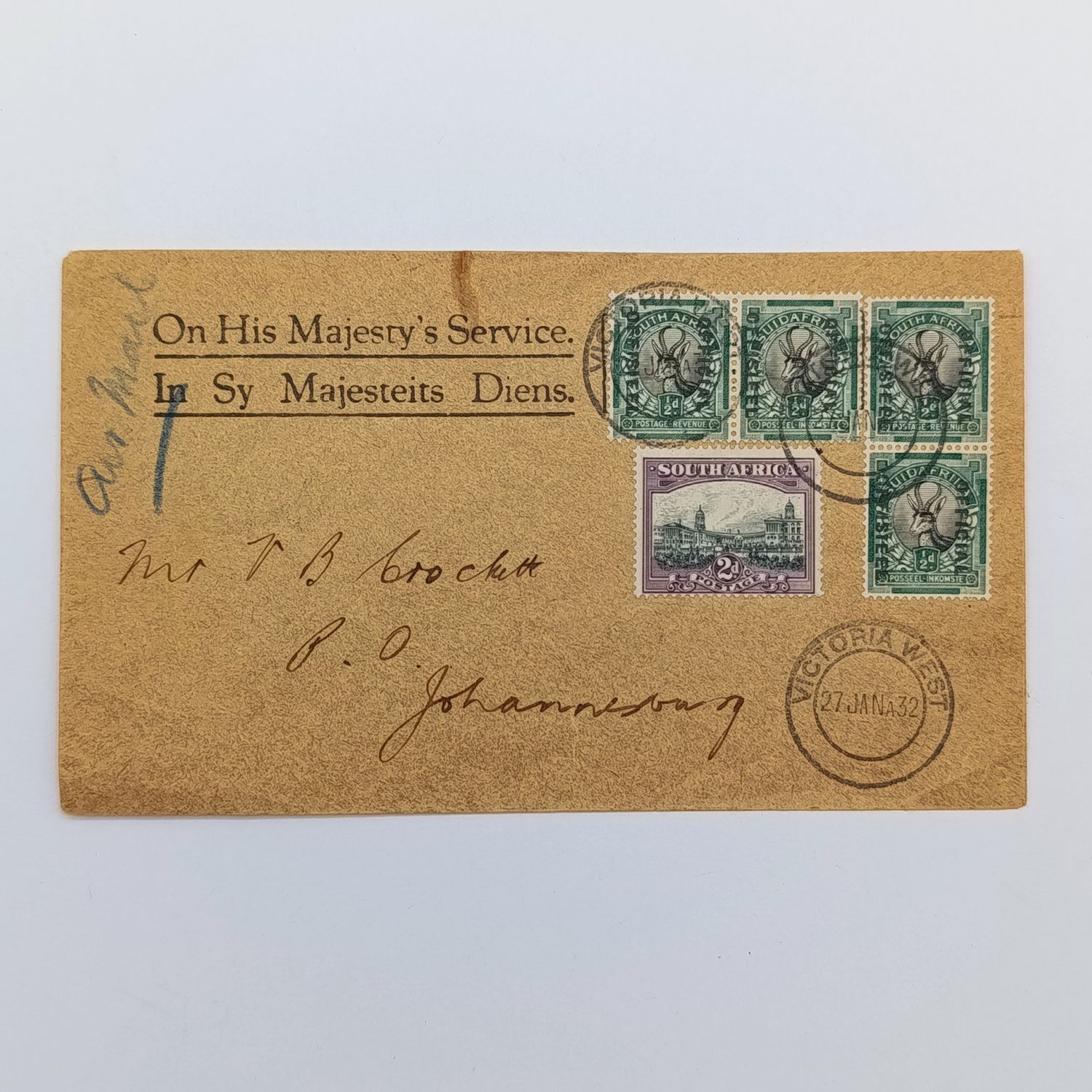 Airmail cover Victoria West to Johannesburg 27 Jan 1932 on &quot;on his majesty&#39;s service&quot; envelope with 4 official 1/2d stamps and a 2d stamp - backstamped Johannesburg 27 Jan 1932