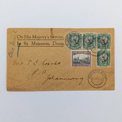 Airmail cover Victoria West to Johannesburg 27 Jan 1932 on &quot;on his majesty&#39;s service&quot; envelope with 4 official 1/2d stamps and a 2d stamp - backstamped Johannesburg 27 Jan 1932