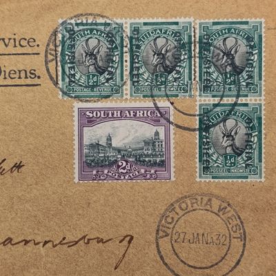 Airmail cover Victoria West to Johannesburg 27 Jan 1932 on "on his majesty's service" envelope with 4 official 1/2d stamps and a 2d stamp - backstamped Johannesburg 27 Jan 1932