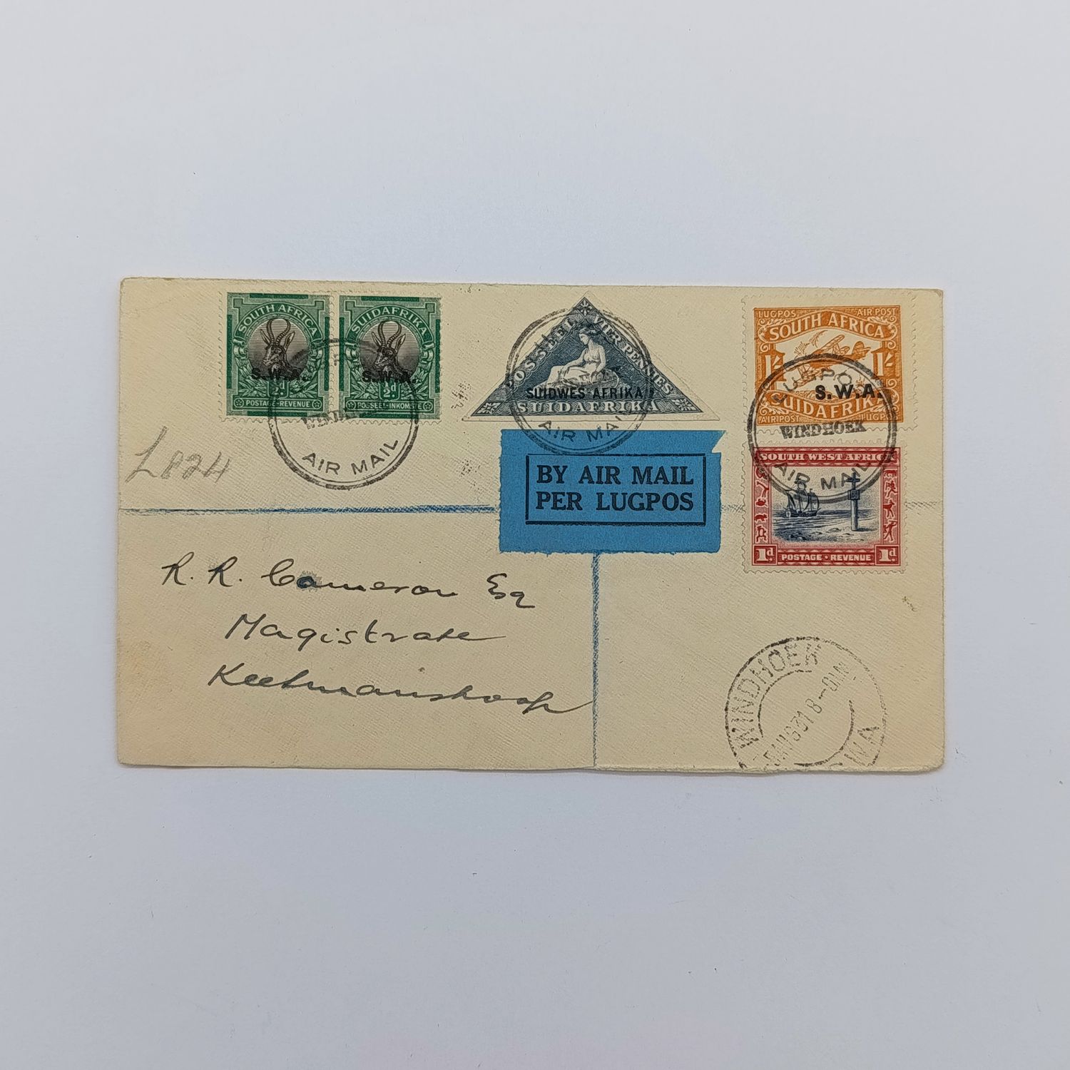 Registered Airmail cover Windhoek to Keetmanshoop South West Africa with 5x SWA stamps cancelled Windhoek Airmail and blue air mail label backstamped Windhoek 5 Aug 1931 and Keetmanshoop 5 Aug 1931