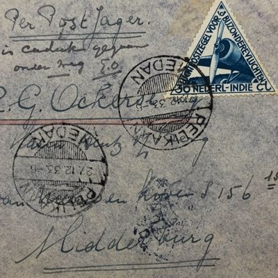 Airmail cover from Serbalawan Dutch East Indies to Middelburg Netherlands 13 December 1933 with 12 1/2 cent and 30 cent stamps with Serbalawan and Pelikaan Medan cancellations - flown on Pelikan Medan