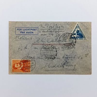 Airmail cover from Serbalawan Dutch East Indies to Middelburg Netherlands 13 December 1933 with 12 1/2 cent and 30 cent stamps with Serbalawan and Pelikaan Medan cancellations - flown on Pelikan Medan