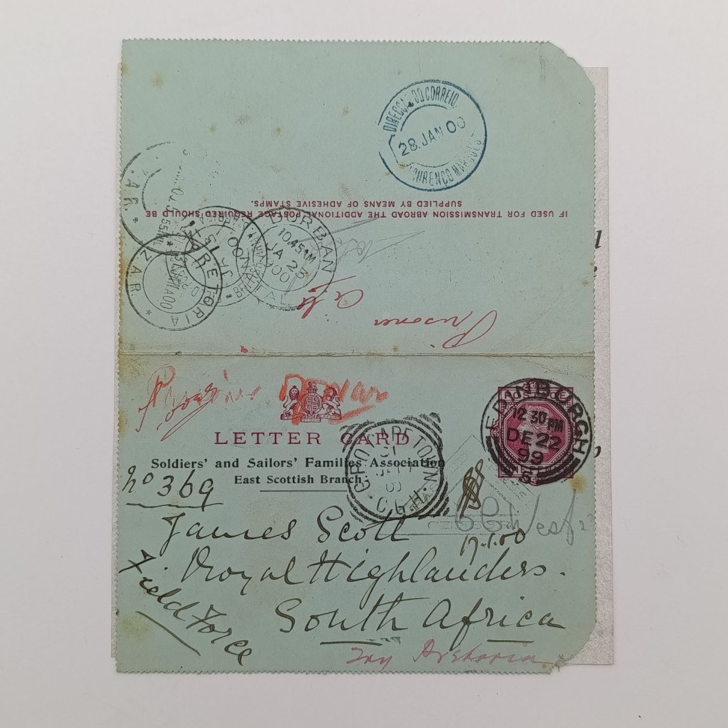 Boer War letter card from Edinburgh Scotland to Pretoria South Africa through Cape Town Durban &amp; Lorenco Marques - overwritten Prisinor of War - RARE