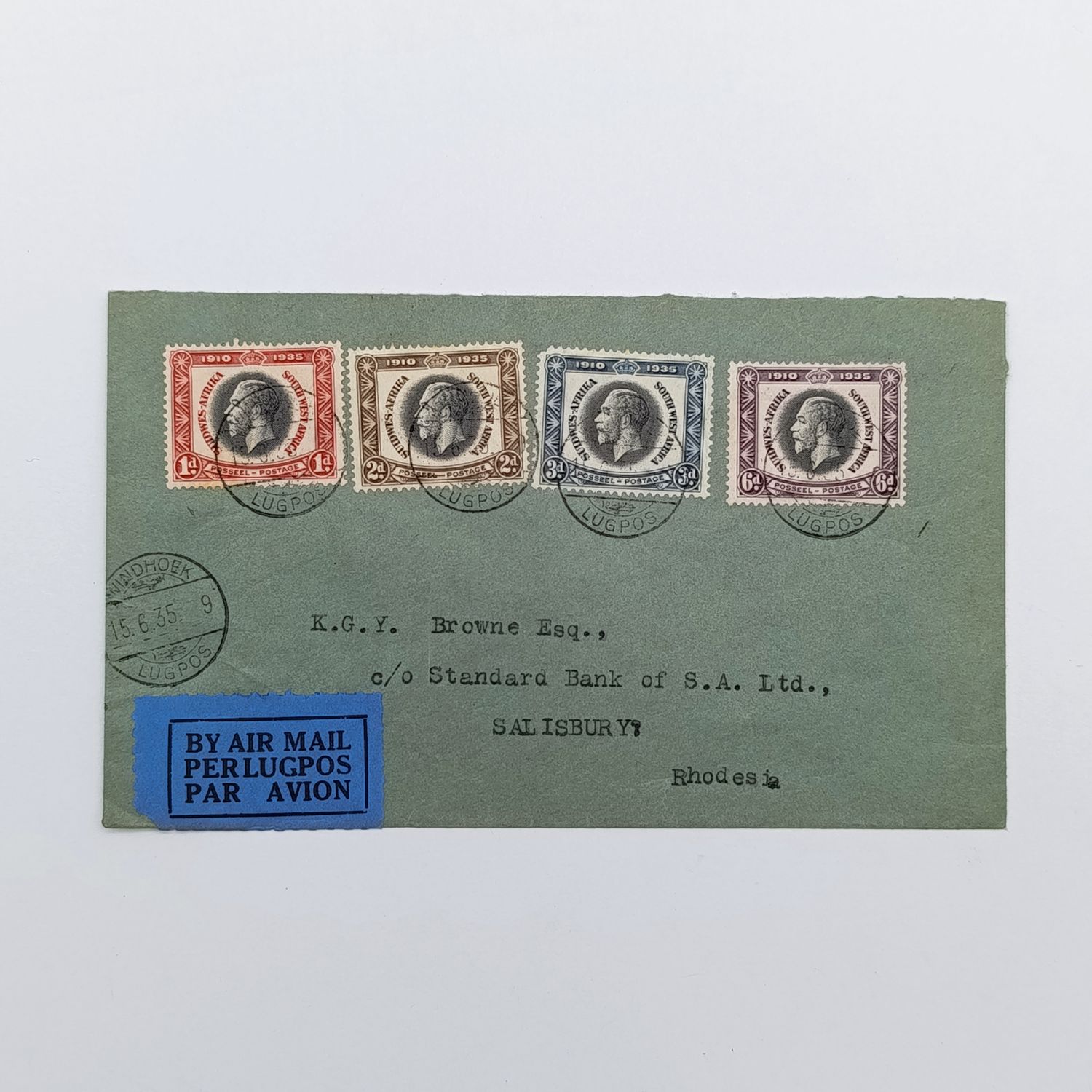 Airmail cover Windhoek SWA to Salisbury Rhodesia with 4 x 1935 SWA stamps cancelled 15-6-35 Windhoek  lugpos - with blue airmail label on official Standard Bank envelope and backstamped Standard Bank