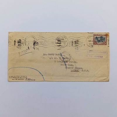 Airmail cover South Africa to London with 2/6 wartime rate stamp cancelled Brakpan 15 Apr 40 - with undelivered - Return to sender rubber cancel front plus Return to sender rubber cancel front