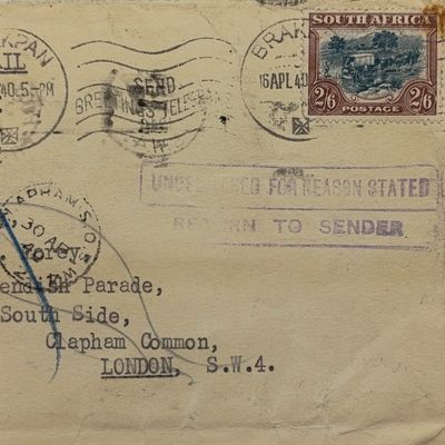 Airmail cover South Africa to London with 2/6 wartime rate stamp cancelled Brakpan 15 Apr 40 - with undelivered - Return to sender rubber cancel front plus Return to sender rubber cancel front